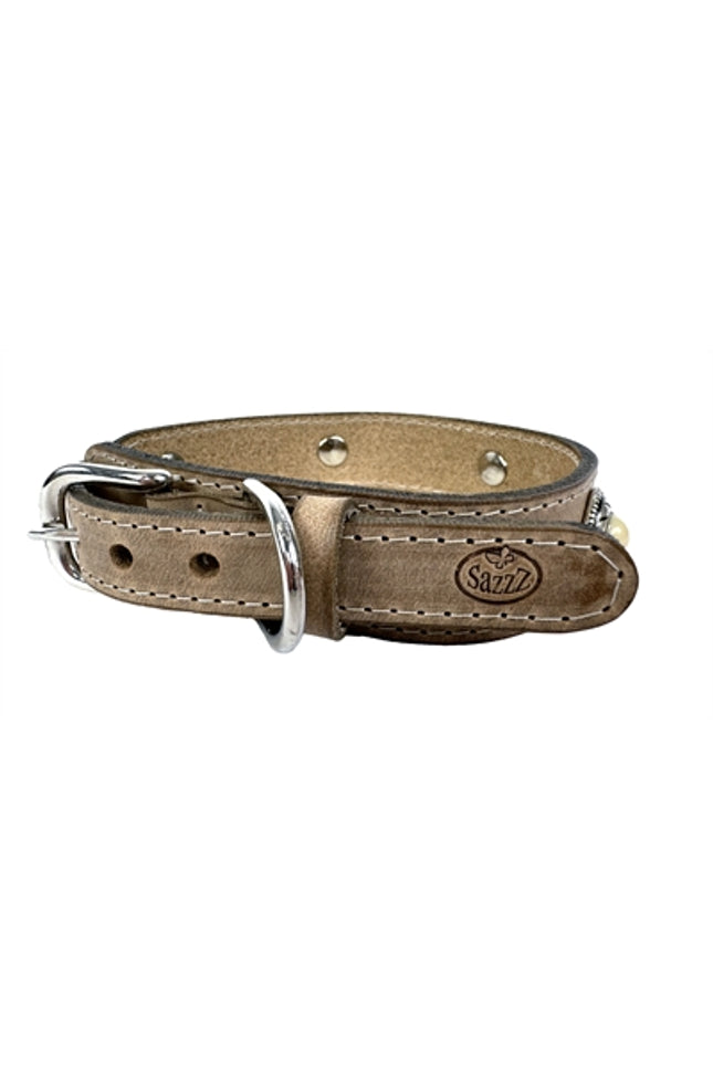 Sazzz Halsband Hond Boho Treasure Stone Vintage Leer Beige