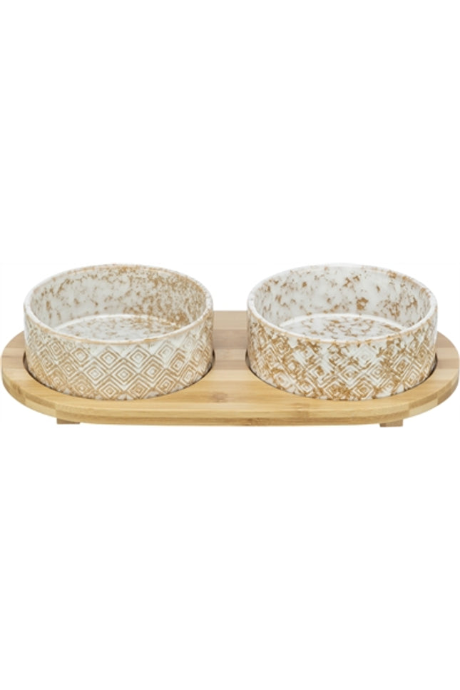 Trixie Set Voerbak / Waterbak Keramiek / Bamboe Wit / Natuur