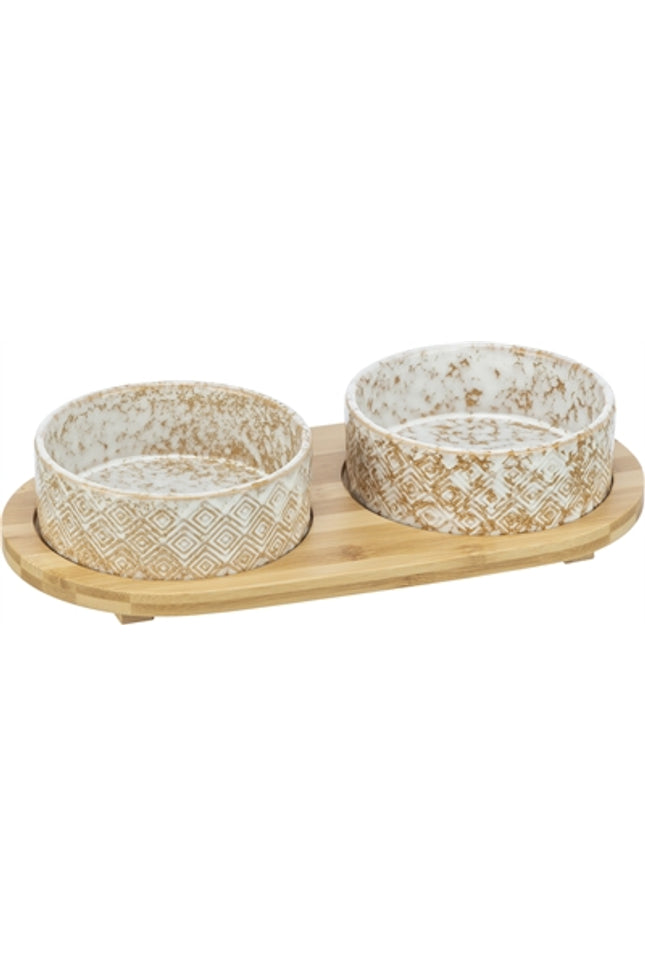 Trixie Set Voerbak / Waterbak Keramiek / Bamboe Wit / Natuur