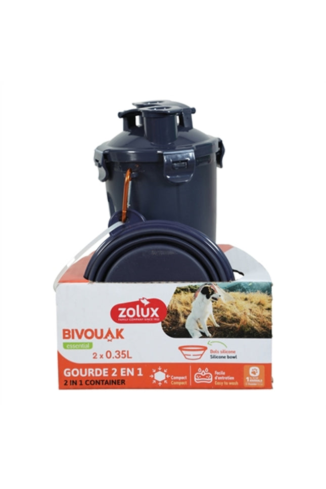 Zolux Bvk 2In1 Reisset Fles Met Voerbak En Drinkbak Blauw